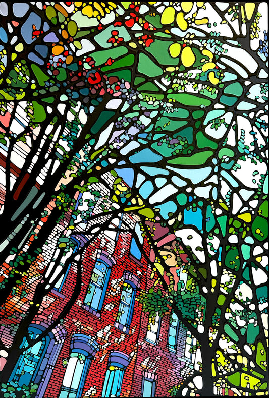 A colorful artwork depicting a street scene with red brick buildings, blue windows, and dense green, yellow, white, and black tree branches filling the frame.